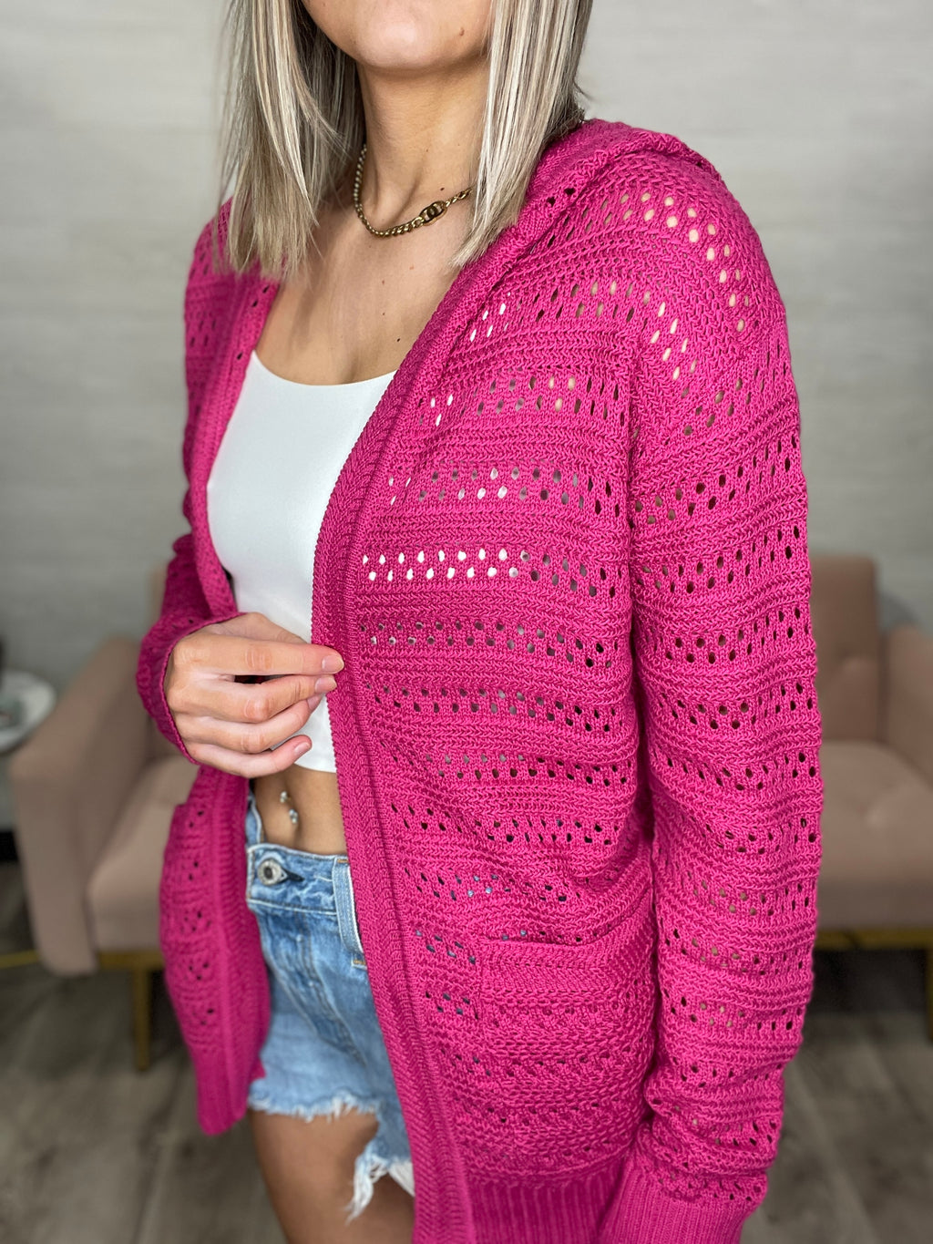 Tyler Crochet Hooded Cardigan-Magenta