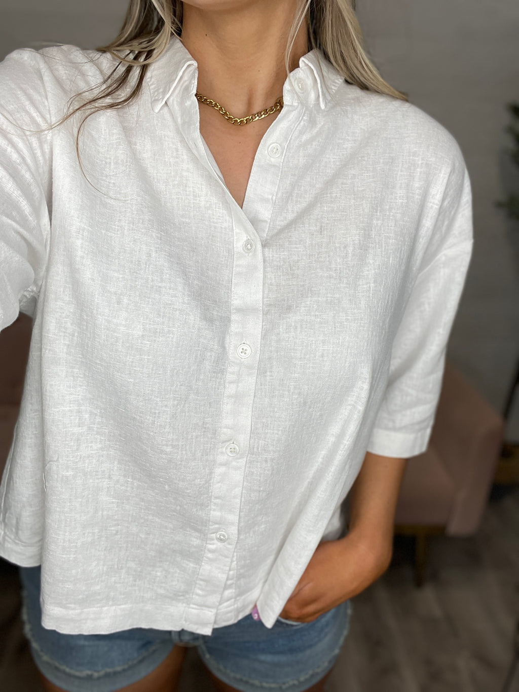 Ansel Boxy Fit Button Up Top-White White