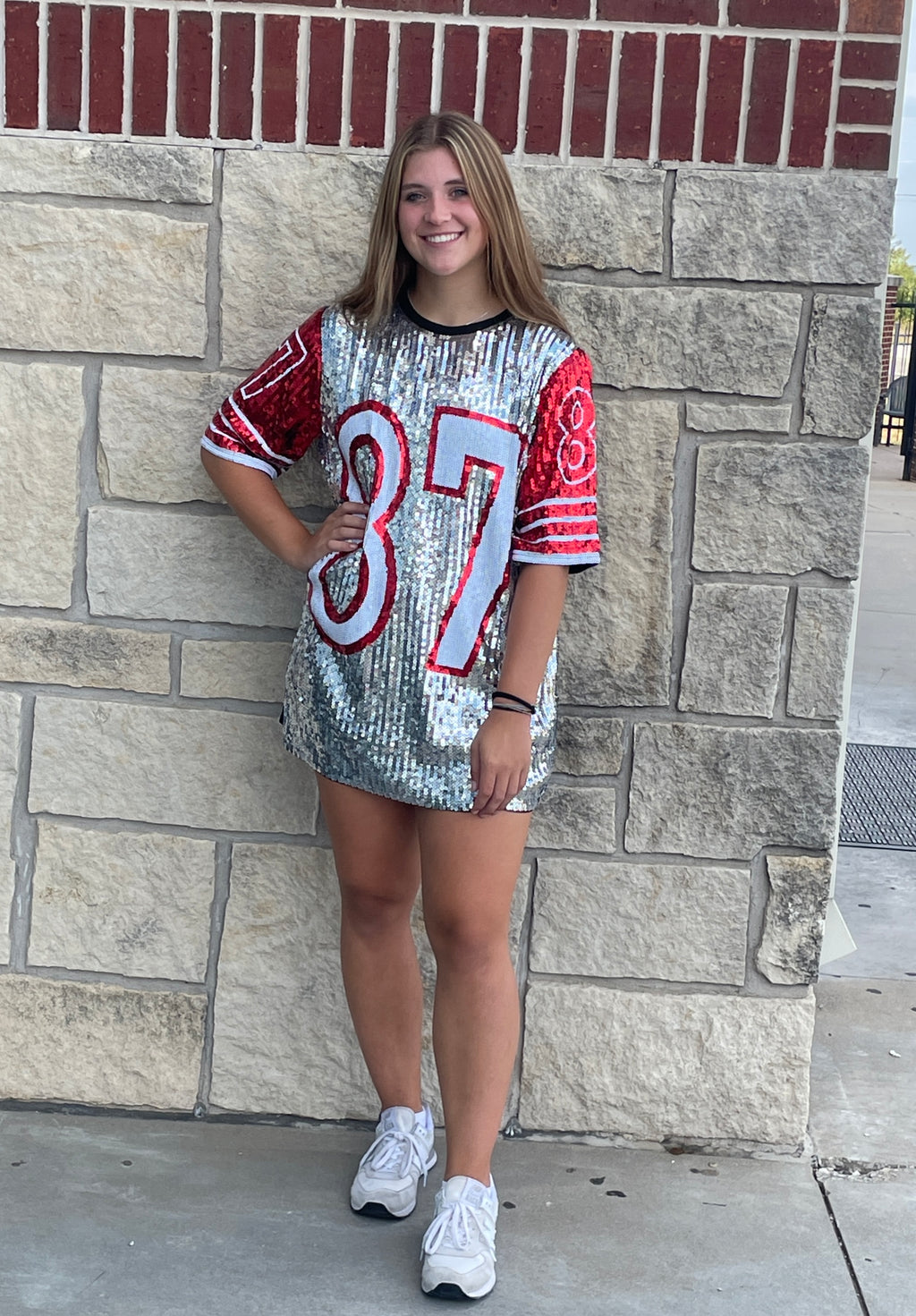 GAMEDAY SEQUIN #15 JERSEY DRESS/TUNIC/TOP