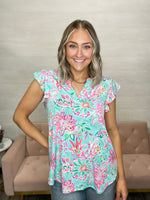 Liz Patterned Flutter Sleeve Top-Mint