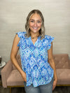 Liz Patterned Flutter Sleeve Top-Aqua