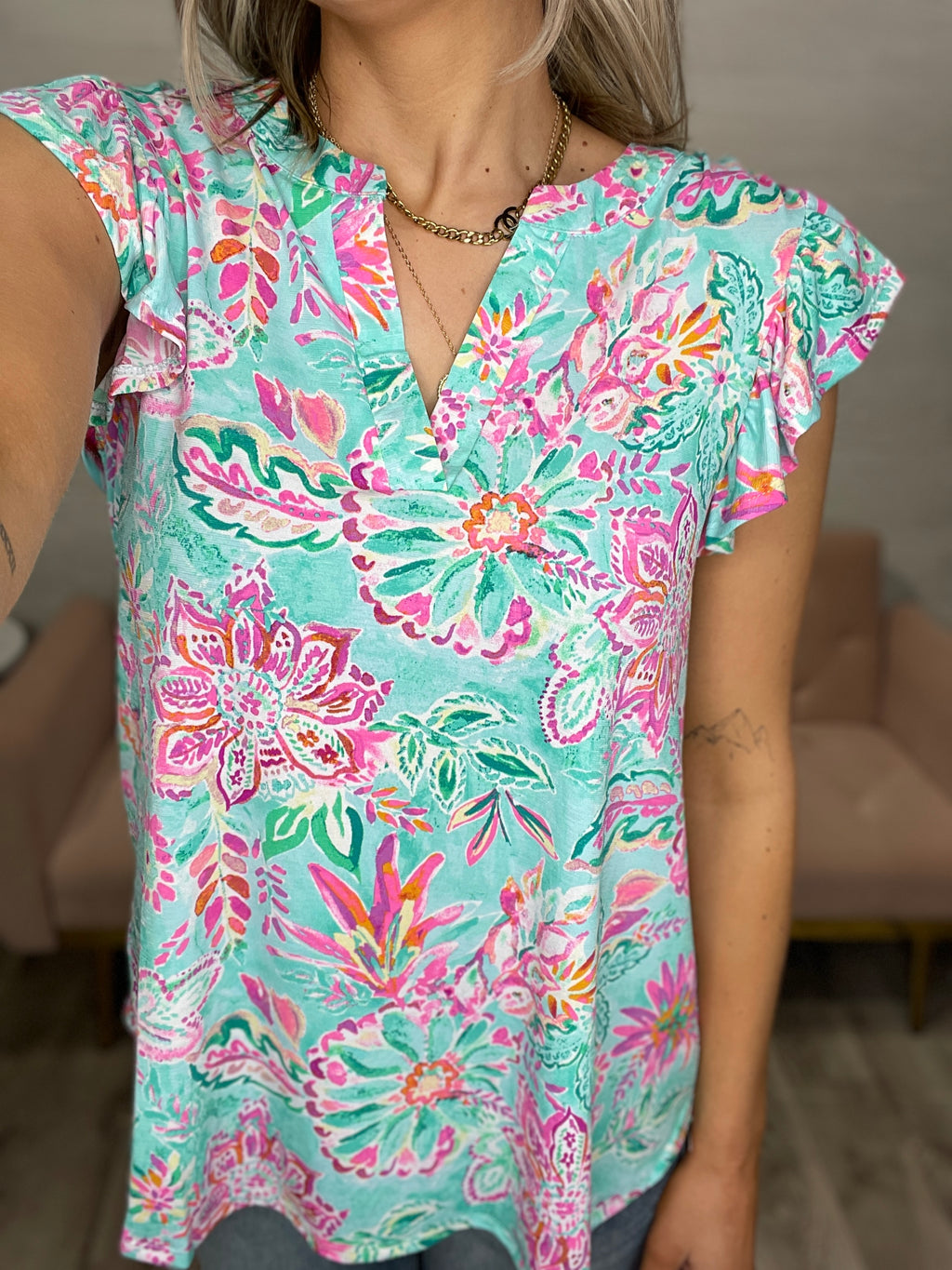 Liz Patterned Flutter Sleeve Top-Mint