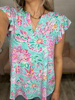 Liz Patterned Flutter Sleeve Top-Mint