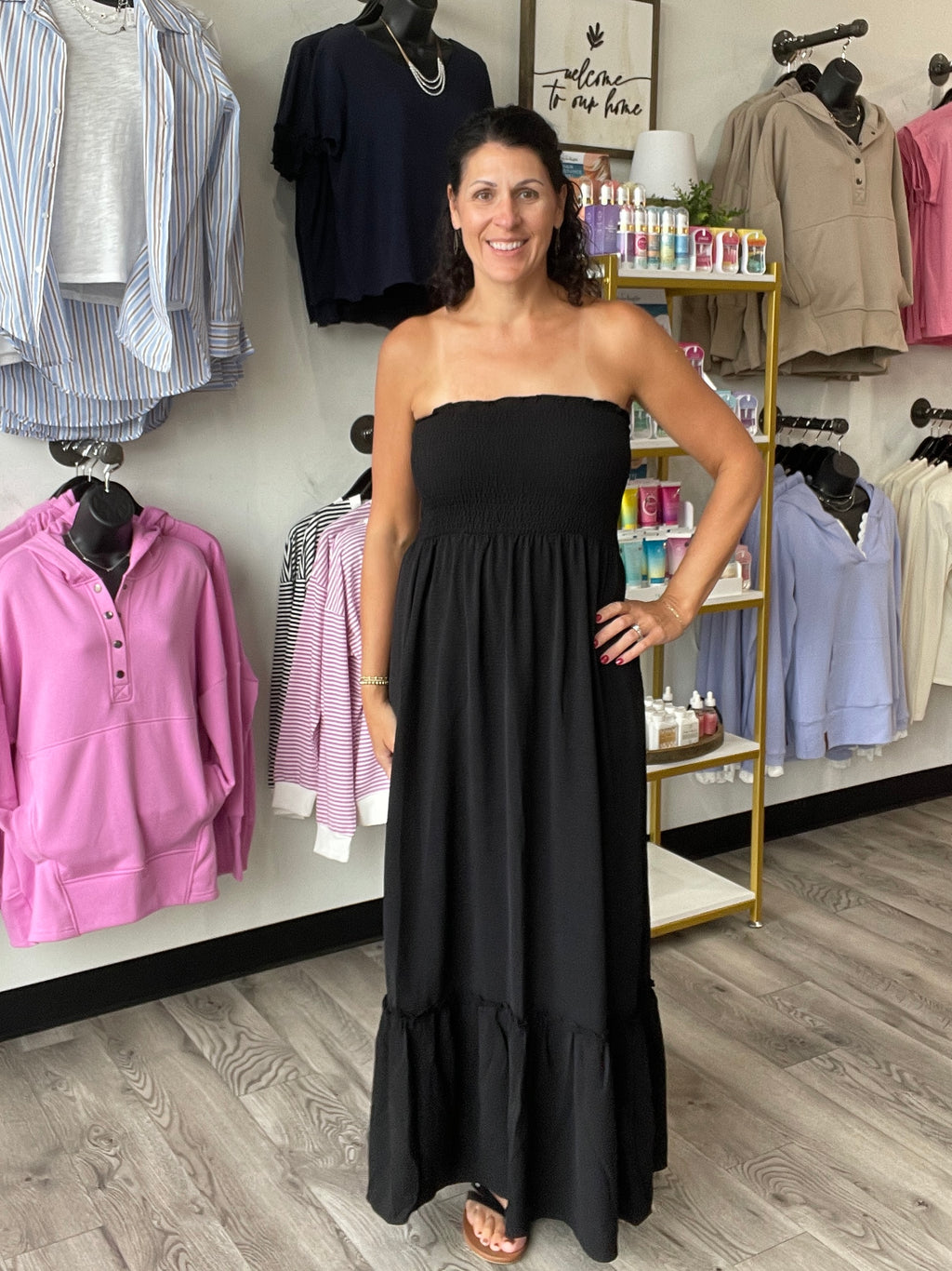 black maxi dress with smocked bodice