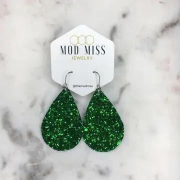 Leather Teardrop Earring-Glitter Green