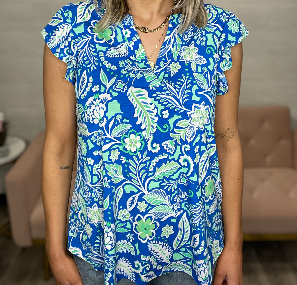 Liz Patterned Flutter Sleeve Top-Royal