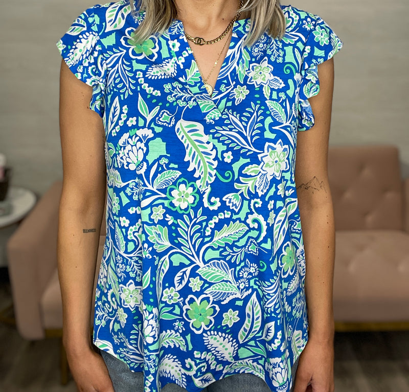 Liz Patterned Flutter Sleeve Top-Royal