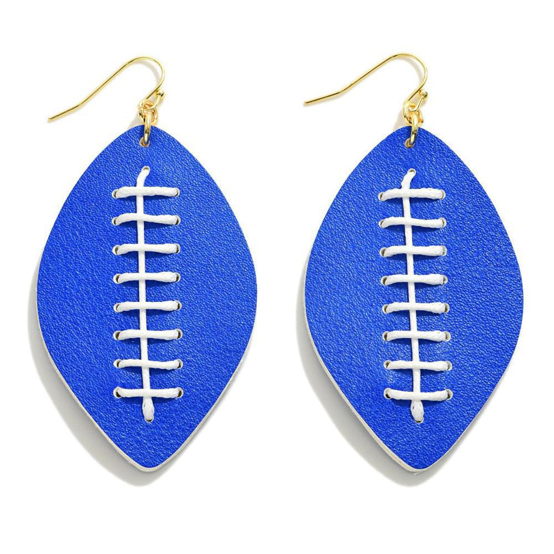 Gameday Stitched Leather Football Earrings-Blue/White