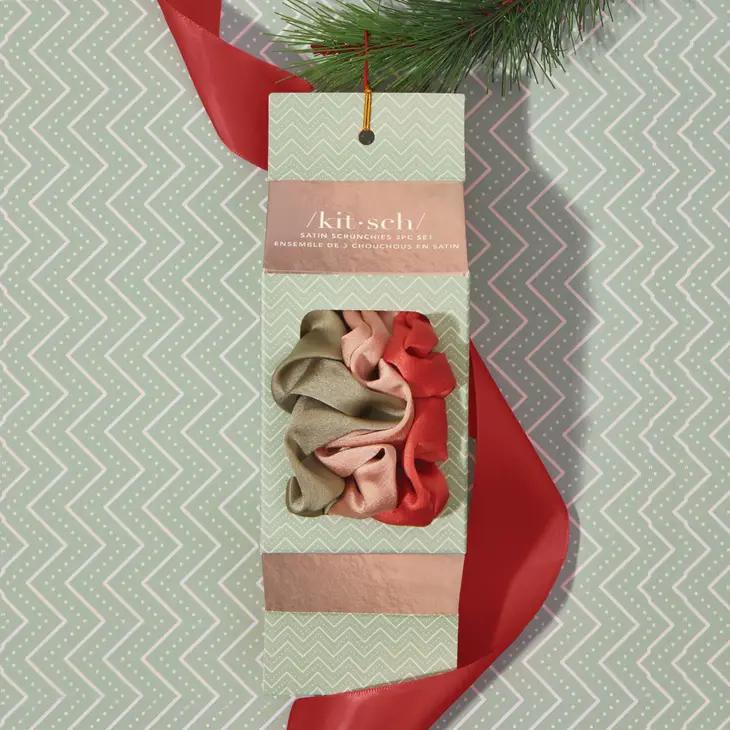 Kitsch Holiday Ornament Satin Scrunchies 3pc Set-Pinksettia