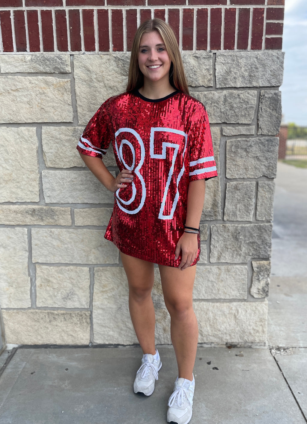 GAMEDAY SEQUIN #15 JERSEY DRESS/TUNIC/TOP