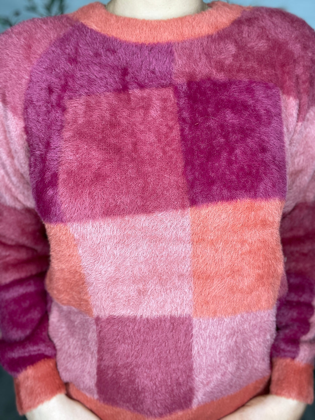 Tamera Fuzzy Sweater-Ruby Pink Check