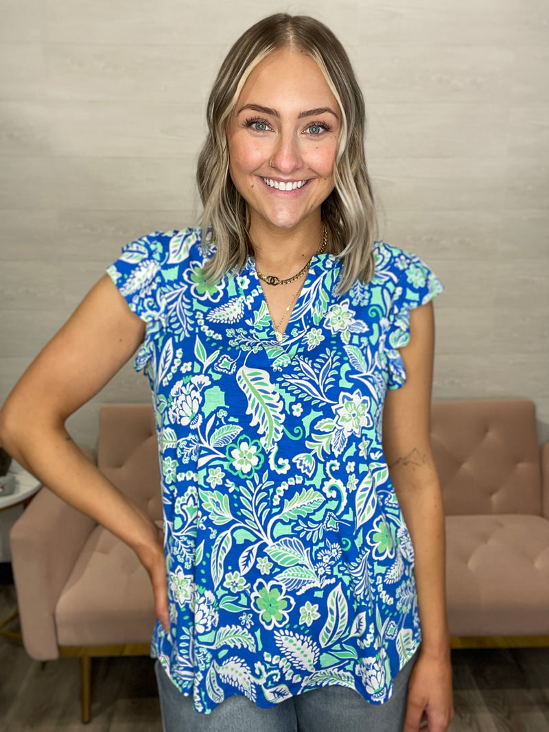 Liz Patterned Flutter Sleeve Top-Royal
