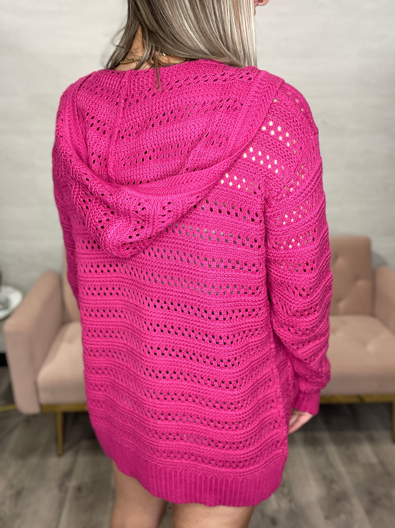 Tyler Crochet Hooded Cardigan-Magenta