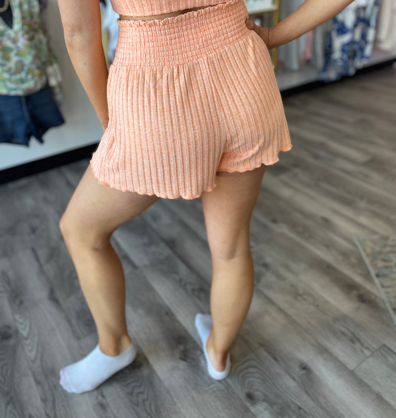 Dawn Smocked Rib Shorts-Malibu Orange