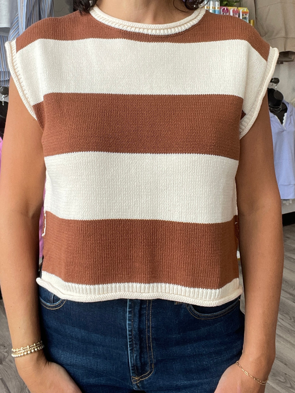 mocha and white striped cap sleeve sweater