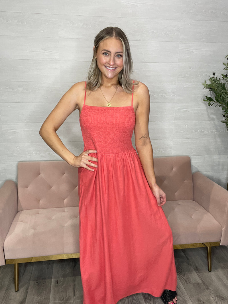 Bayside Linen Maxi Dress-Persimmon