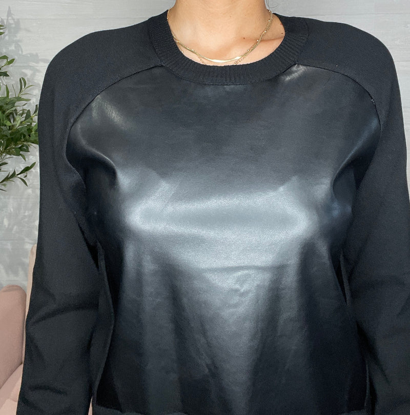 Moira Pleather Round Hem Sweater-Black