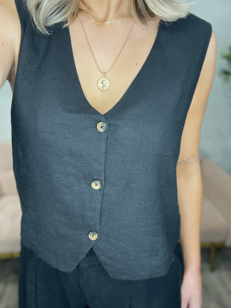 Marta Linen Vest-Black