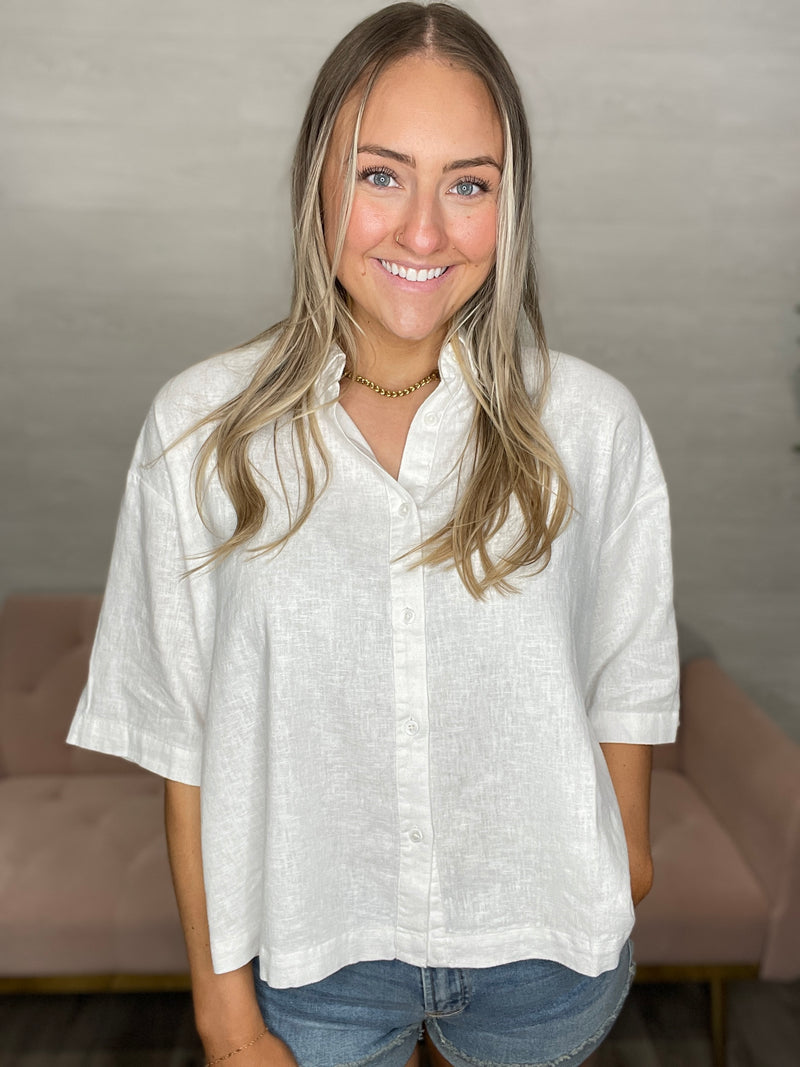 Ansel Boxy Fit Button Up Top-White White