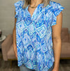 Liz Patterned Flutter Sleeve Top-Aqua