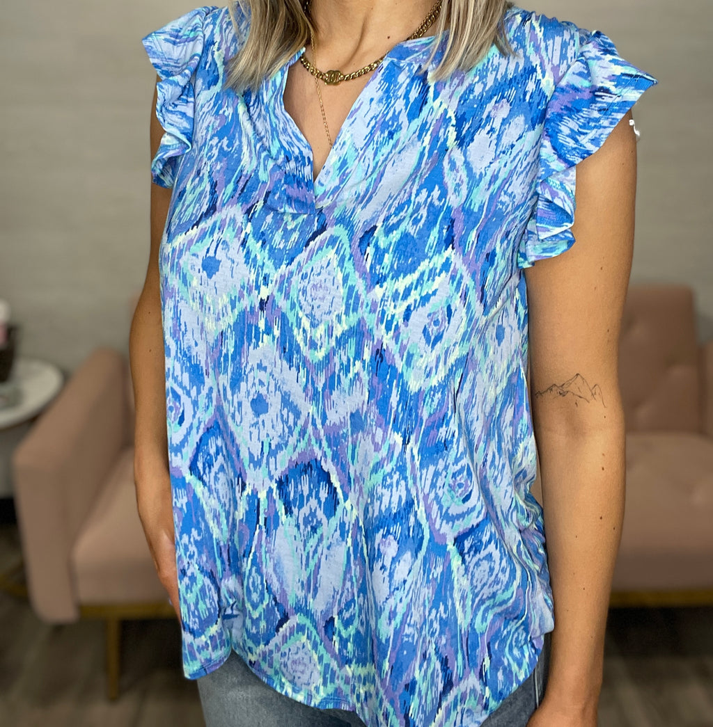 Liz Patterned Flutter Sleeve Top-Aqua