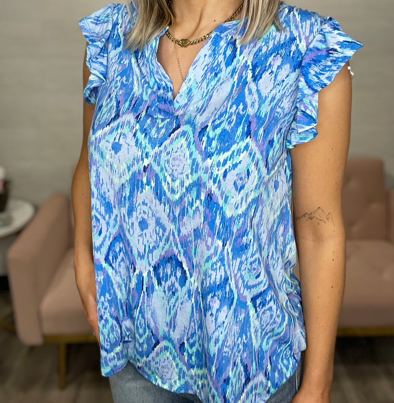 Liz Patterned Flutter Sleeve Top-Aqua