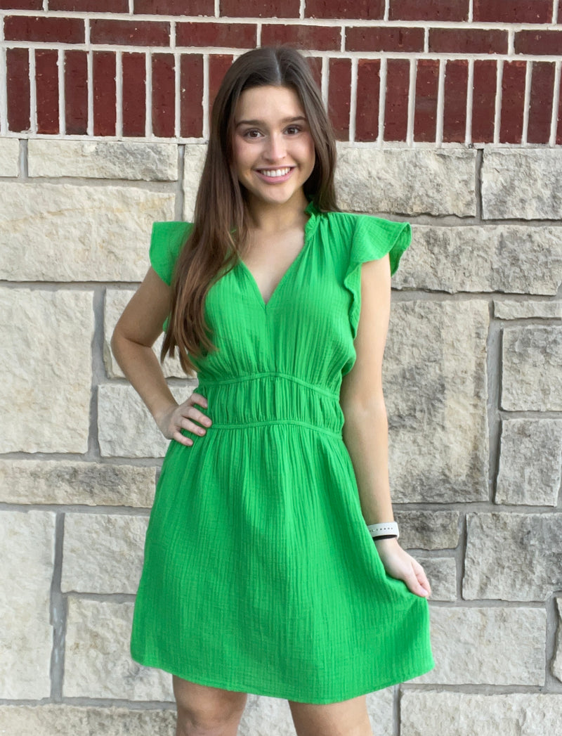 Martha Ruffle Sleeve Dress-Green Flare