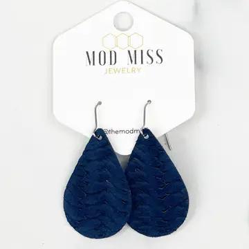 Leather Teardrop Earring-Weaved Navy