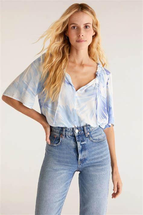 Aylin Watercolor Leaf Top-Pacific Blue