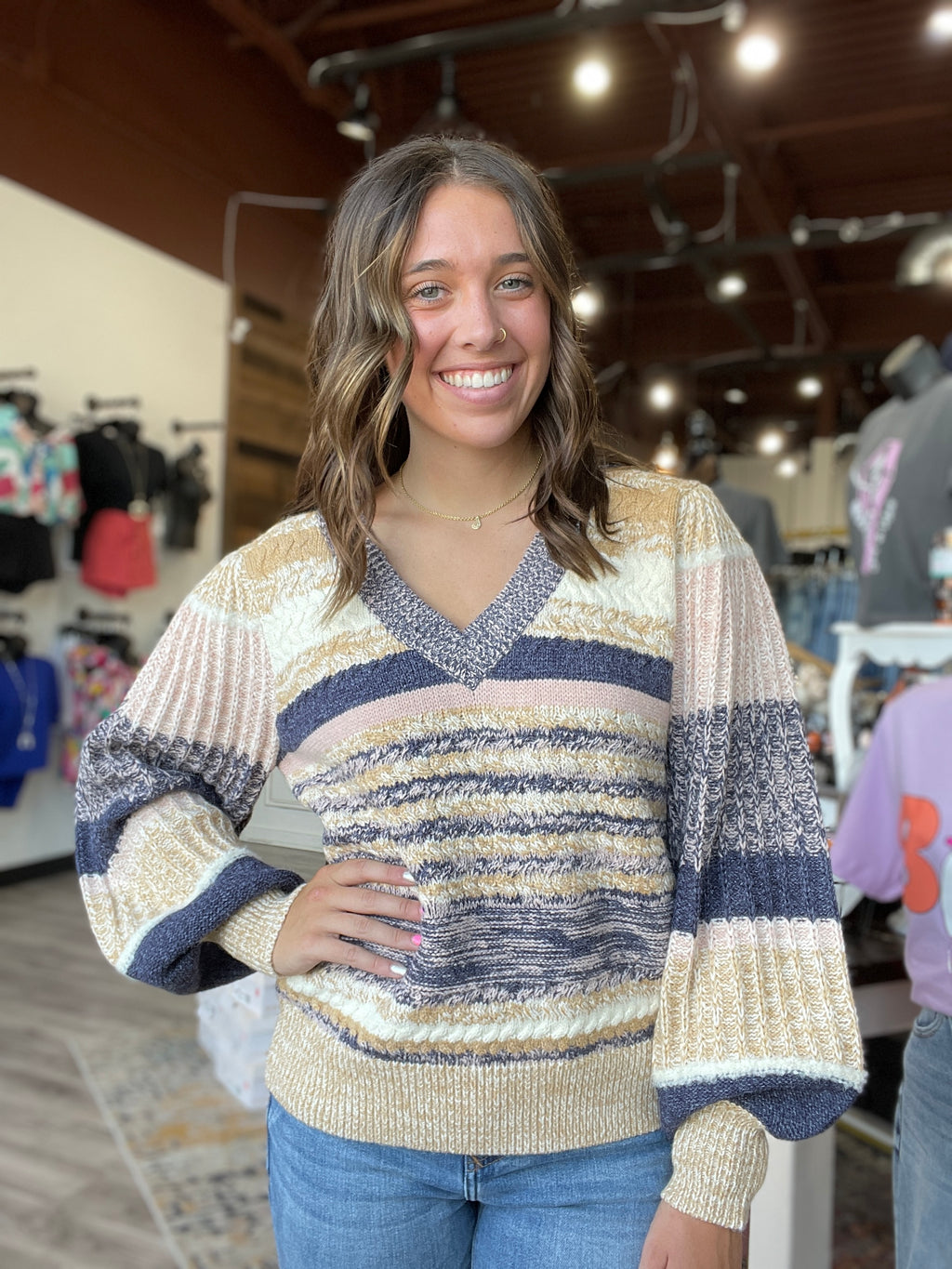 Geneva Puff Sleeve Sweater in Chai Abstract by Another Love