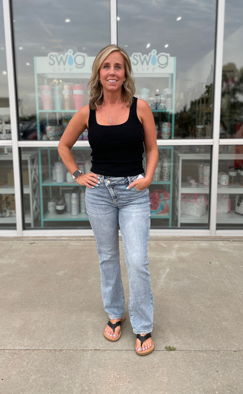 Stephanie High Rise Crossover Straight Jeans