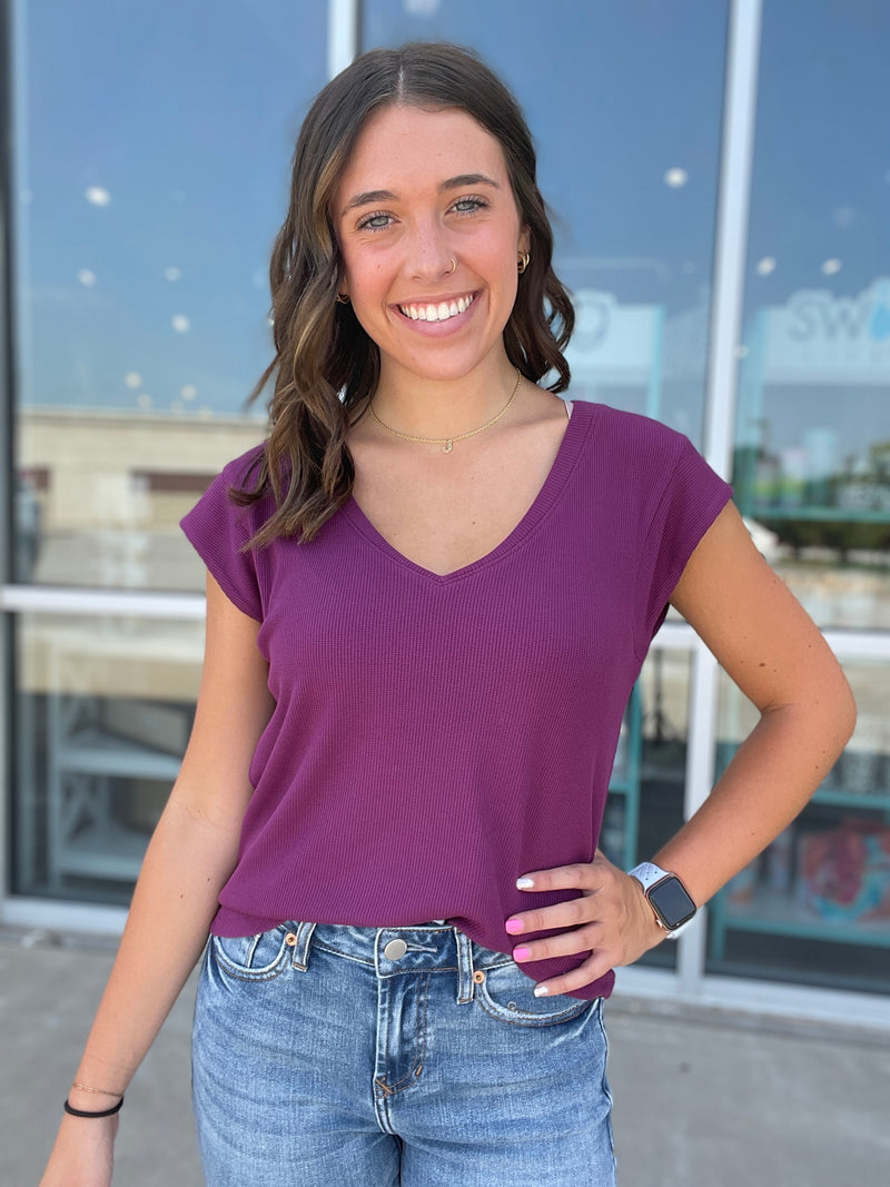 Uri Thermal V Neck Top in Purple Potion by Dear John