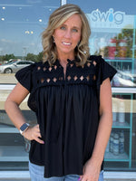 Kezia Knotted Embroidery Top in Black by Dear John