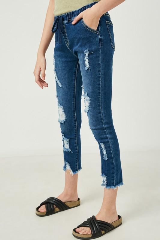 Girls Drawstring Distressed Jeans