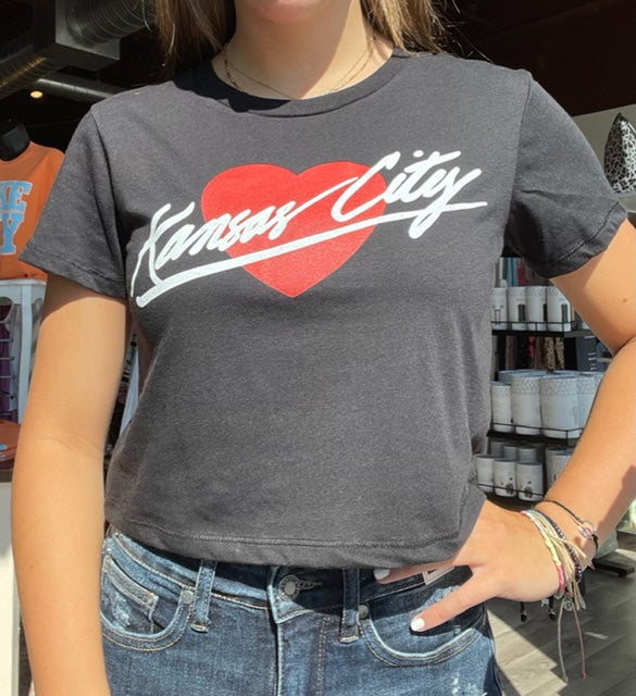 Women's Kansas City Heart Script Black Crop T-Shirt by Charlie Hustle