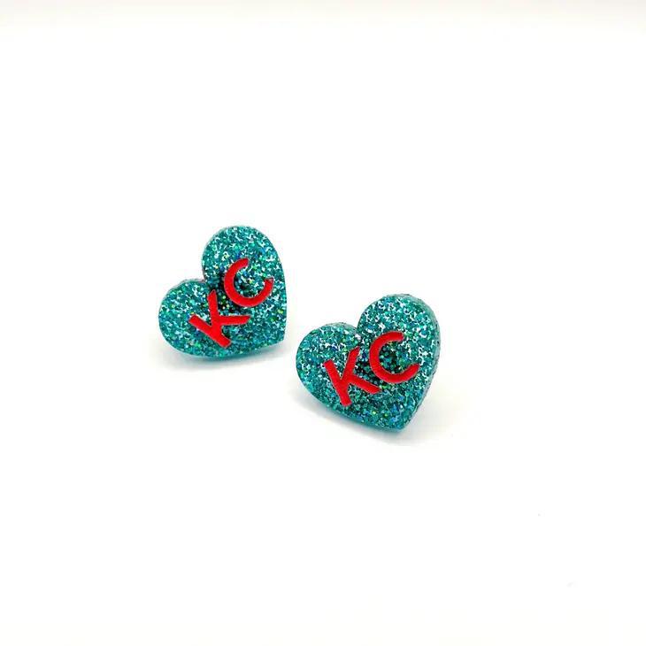 KC Heart Stud Earrings-Aqua & Red