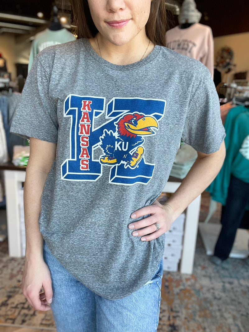 Kansas Jayhawks Block Mascot Vintage Grey T-Shirt by Charlie Hustle