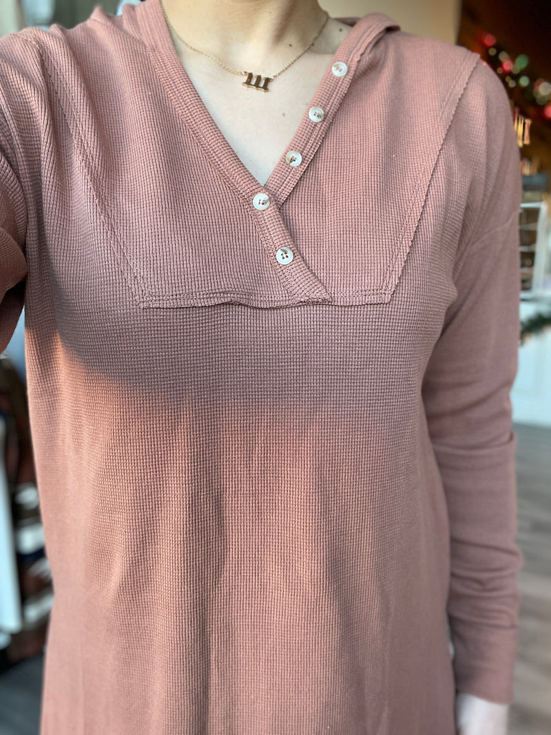 Split Neck Hoodie Top-Dusty Wood
